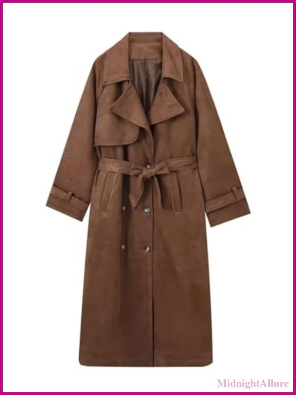 Women's Faux Suede Long Trench Coat Double Breasted Pea Coat with Belt